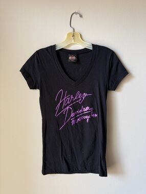 Harley‑Davidson Black V‑Neck Tee with Purple Script